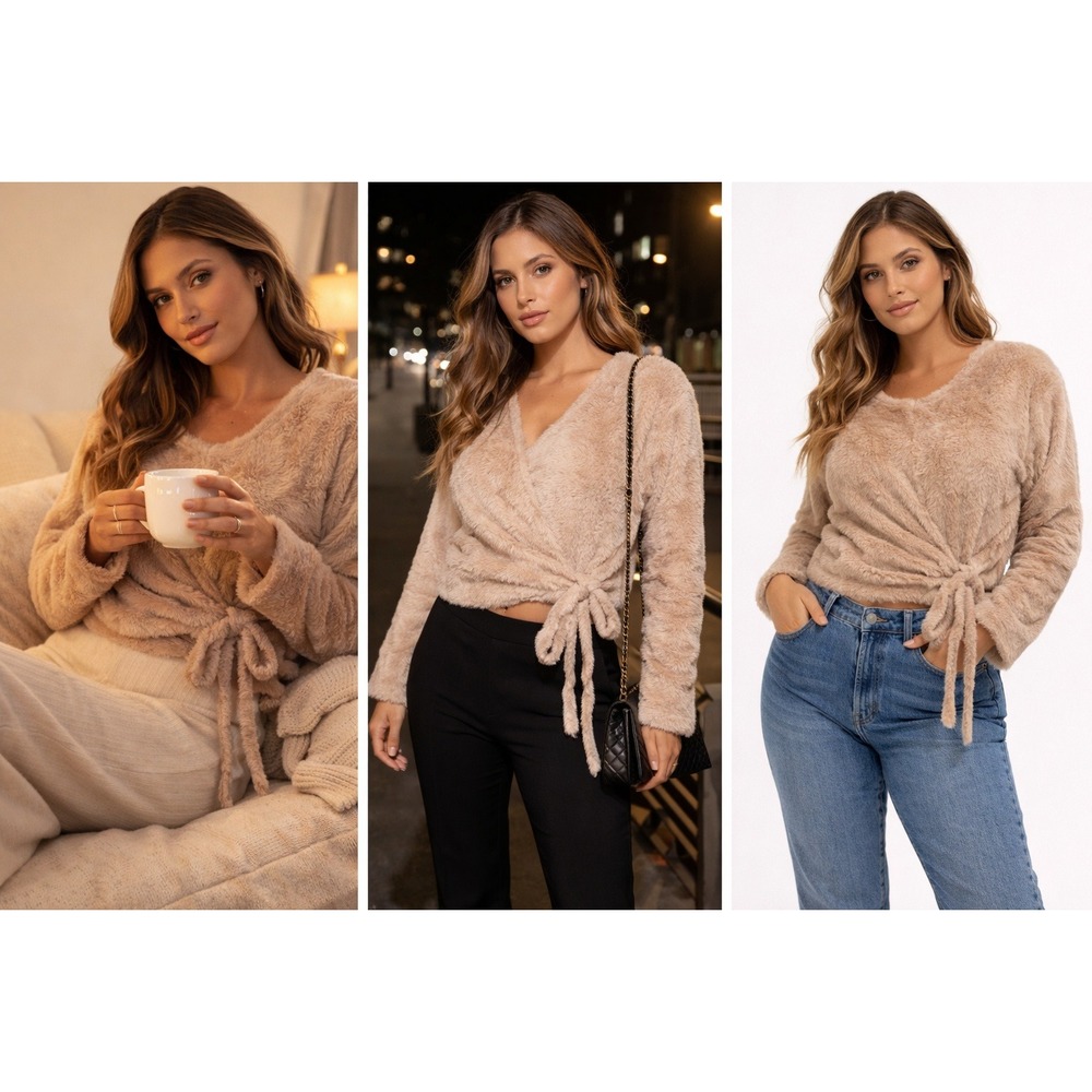 For Love/Lemons Mohr Faux Fur Top XL Beige Tie Waist Wrap Quiet Luxury Soft Glam